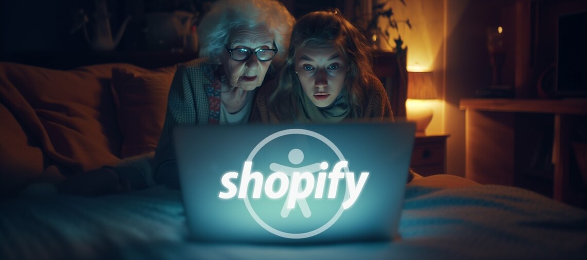 a younger and older woman sitting on bed look at laptop of a Shopify website. The Shopify logo overlays the icon for web accessibility on back of laptop.