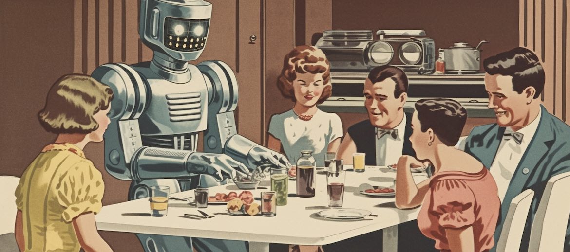 Retro robot setting dinner table