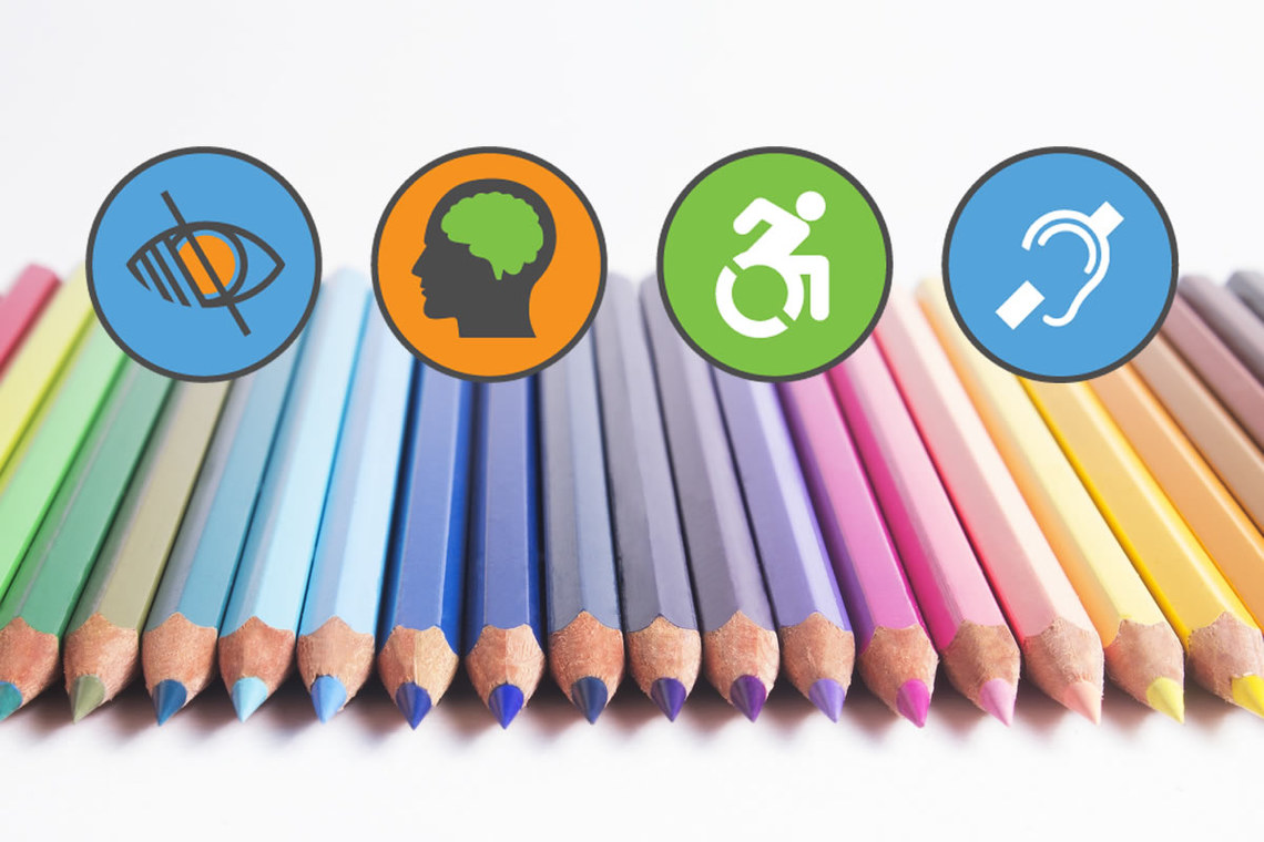 row of different colored pencils with icons representing different types of abilities