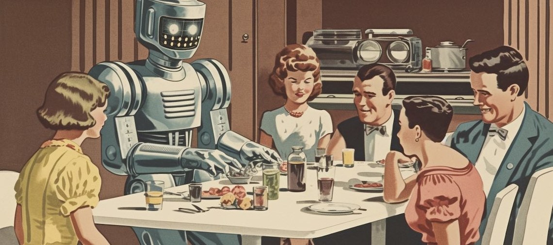 illustrated retro robot serving dinner to a group
