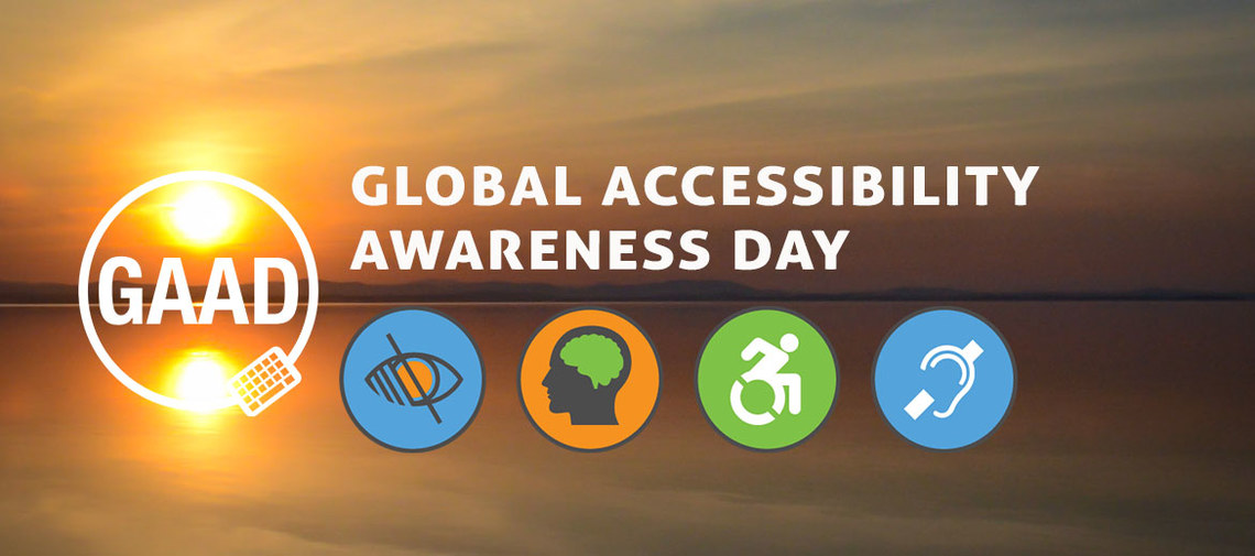 sunset over lake with overlay of text of Global Accessibility Awareness Day and logo