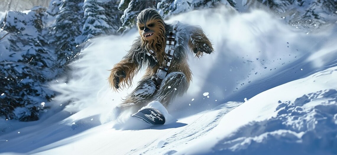 AI generated Wookie snowboarding