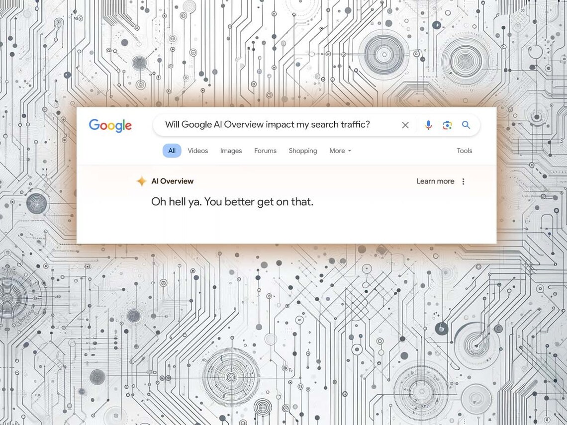 cut out of google SERP with "Will Google AI Overview impact my search traffic?" in search bar, and "Oh hell ya. You better get on that" in the AIO response