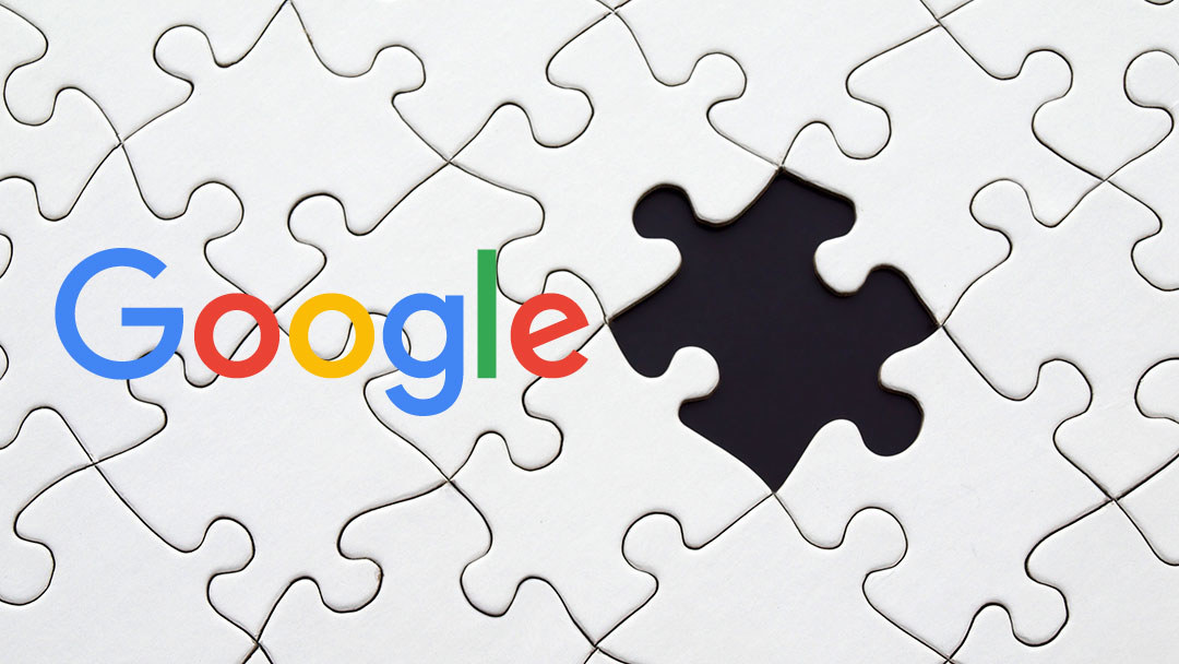 white puzzle with one piece missing with black background, google logo overlaid on image
