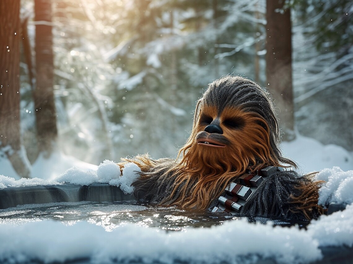 Midjourney 6 rendering of Chewbacca relaxing in a hot tub out in winter
