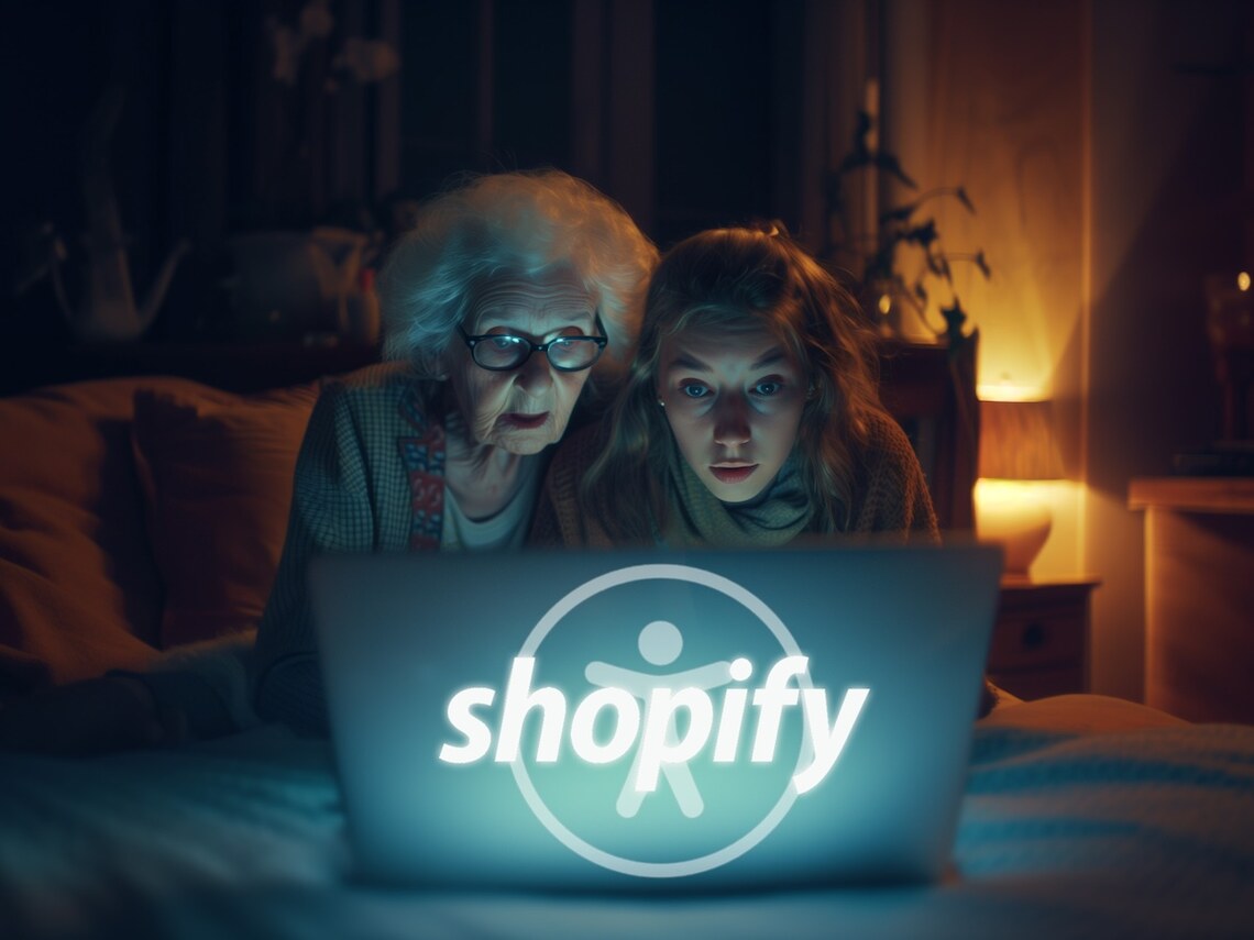 a younger and older woman sitting on bed look at laptop of a Shopify website. The Shopify logo overlays the icon for web accessibility on back of laptop.
