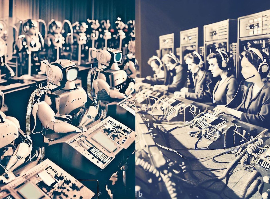 a set of robot telephone operators opposite a set of human operators at switchboard