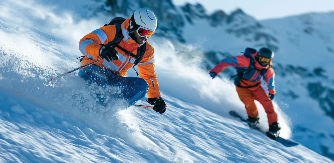 two skiers racing down slopes
