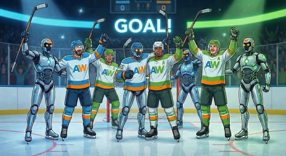 illustration of AI agents and humans celebrating AIO win