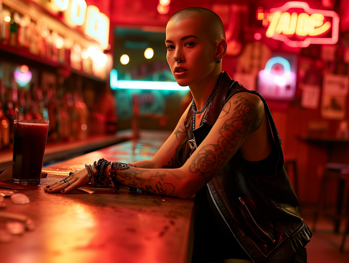Midjourney 6 rendering of a female cyberpunk in a bar