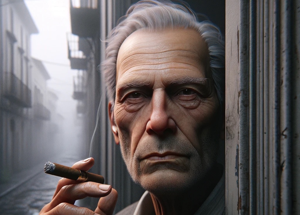 DALL-E rendering of man smoking cigar in doorway