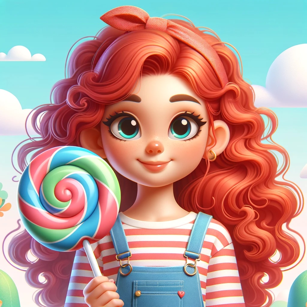 DALL-E rendering of a little girl with red hair holding a lollipop