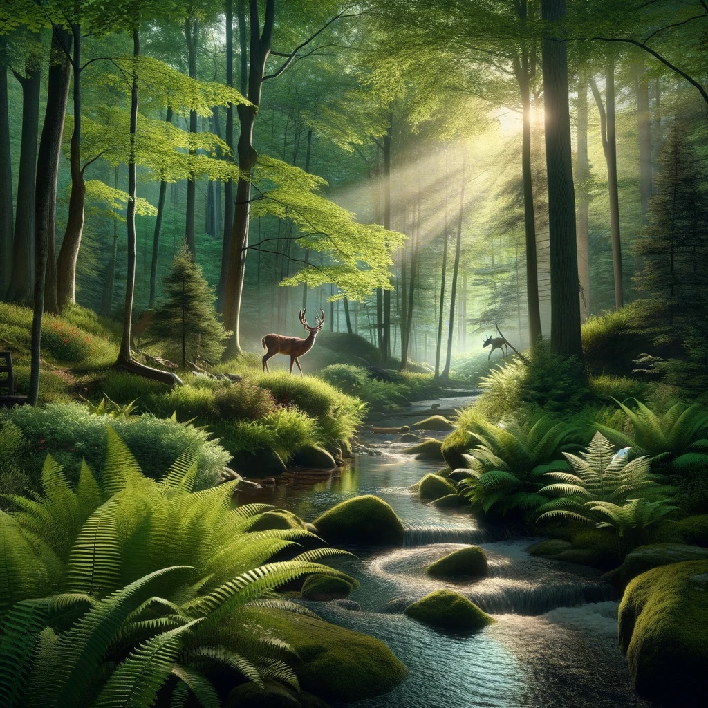 DALL-E 3 rendering of a brook through a forest with a deer