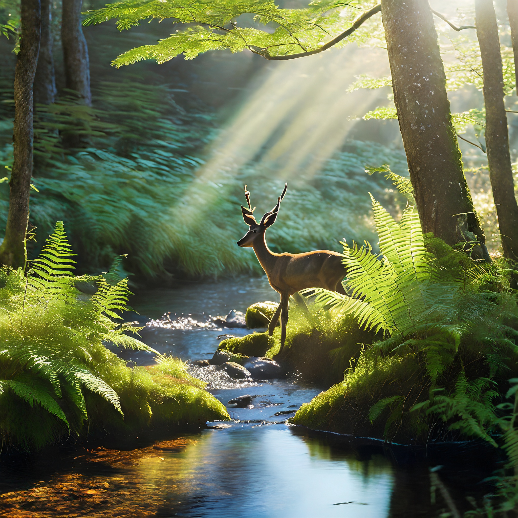 Firefly rendering of a brook through a forest with a deer