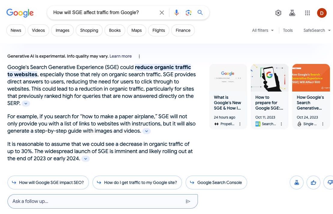 screenshot of Google SGE responding to "How will SGE affect Google Traffic"