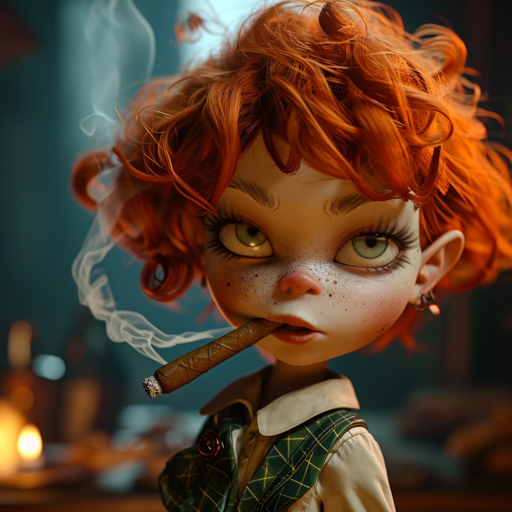 Midjourney rendering of orphan annie smoking a cigar
