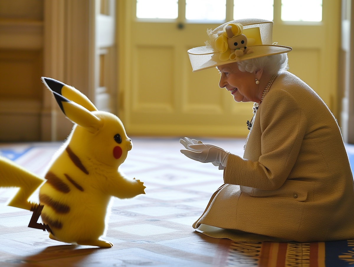 Midjourney rendering of Pikachu meeting the Queen