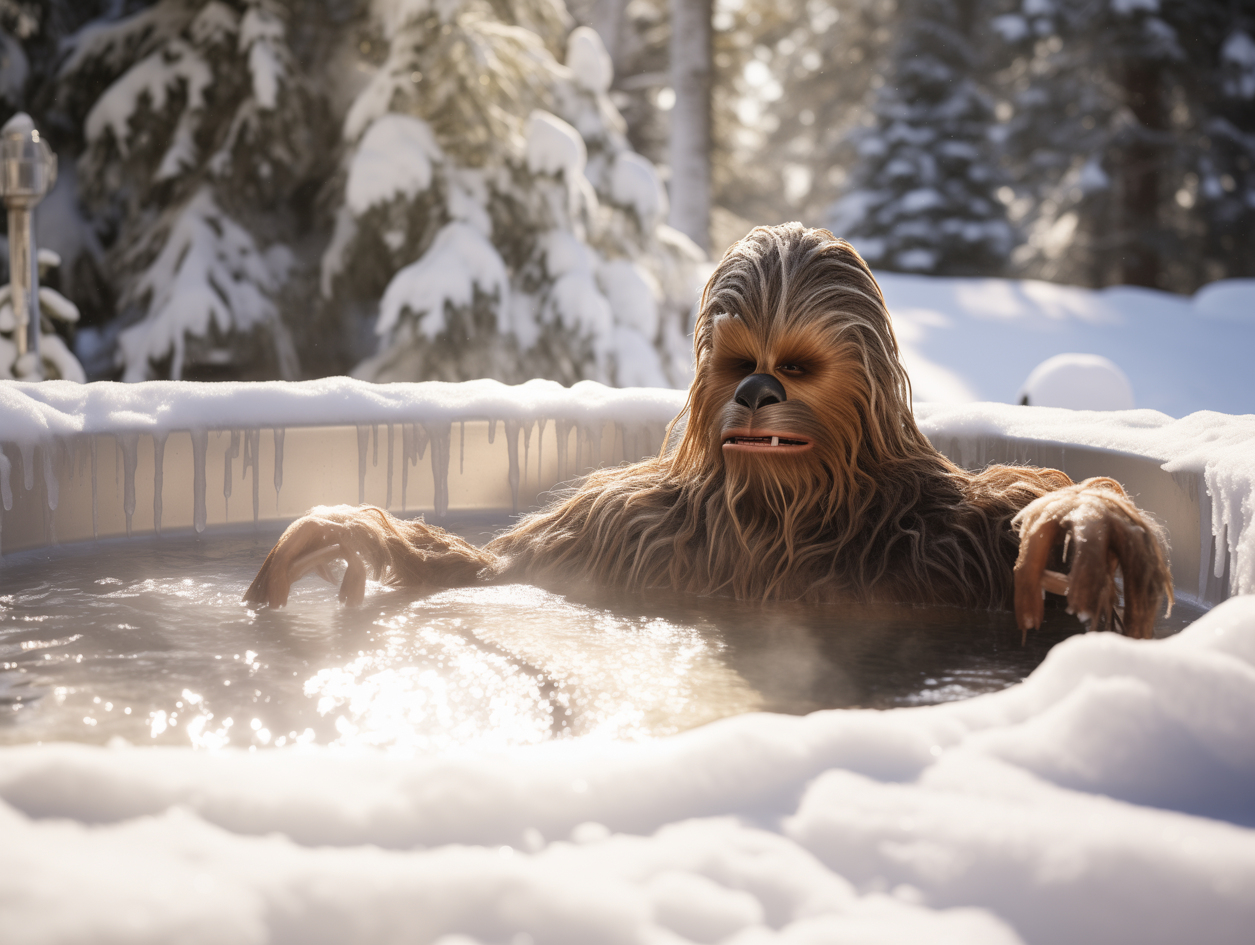 Midjourney v 5.2 rendering of Chewbacca in hot tub