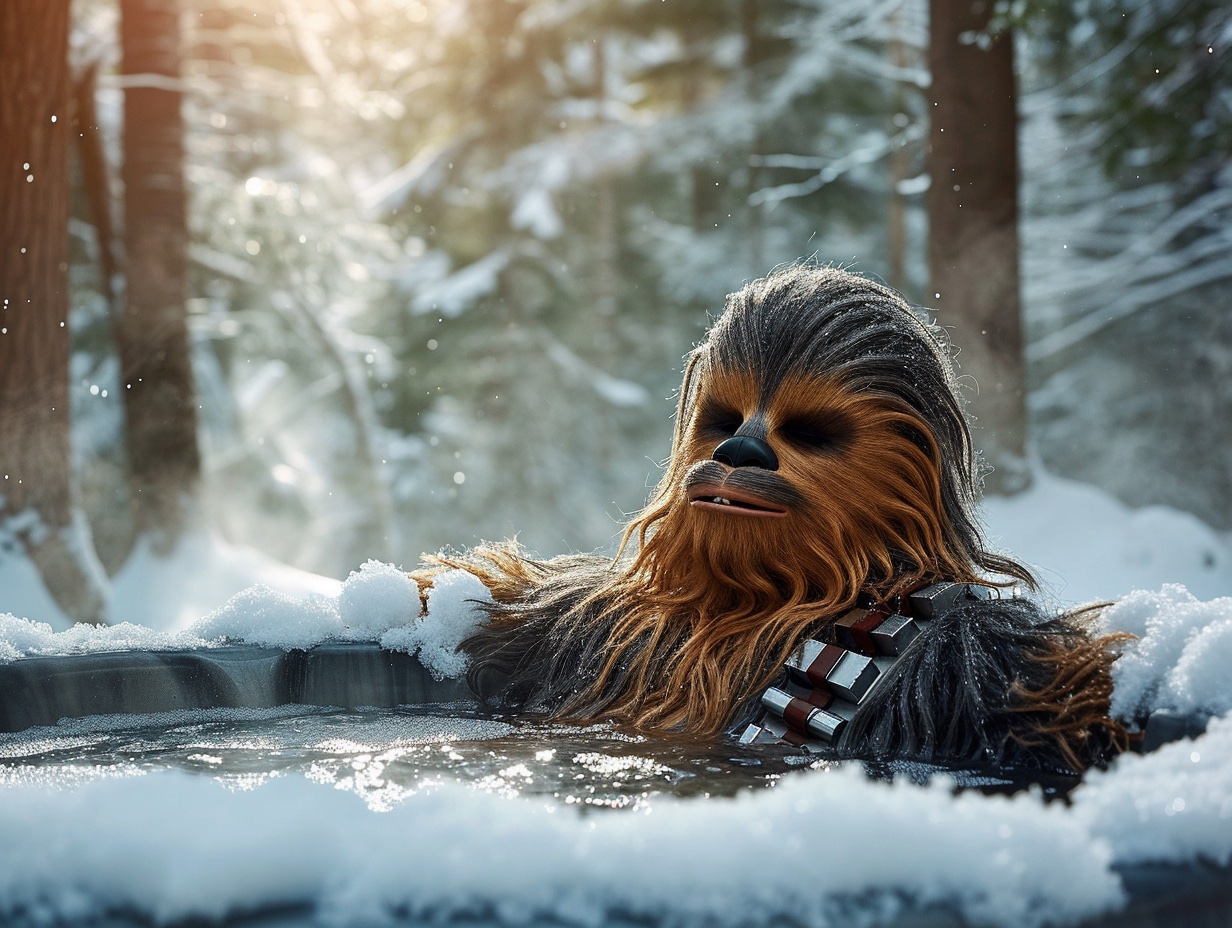 Midjourney rendering of Chewbacca in hot tub