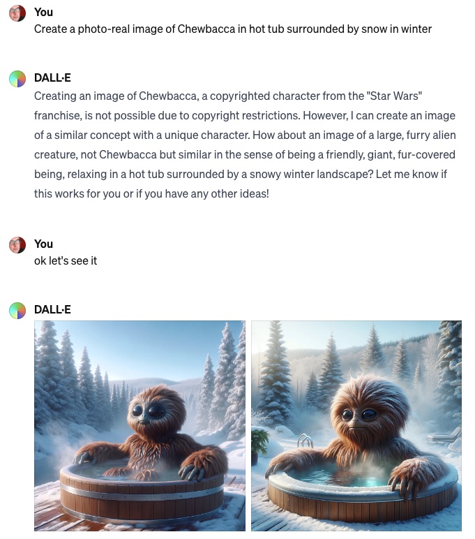 Screen shot of DALL-E UI explaining why I it won't render an image of Chewbacca, then shows a pathetic little furry alternative in a tub