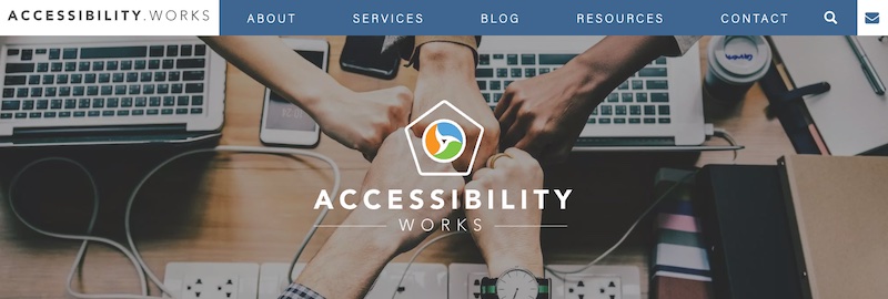 accessibility.works homepage with hands in and logo overlay signifying web accessibility auditing consulting services